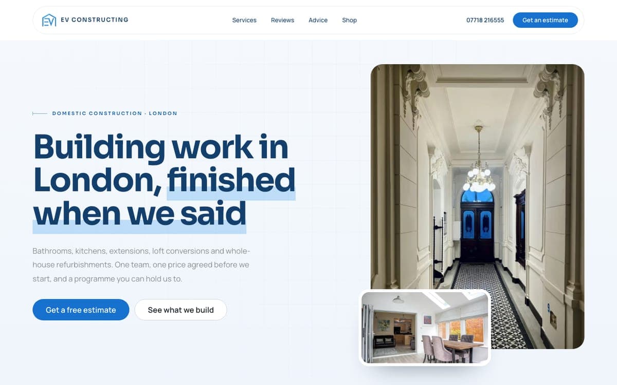 The home page of evconstructing.co.uk