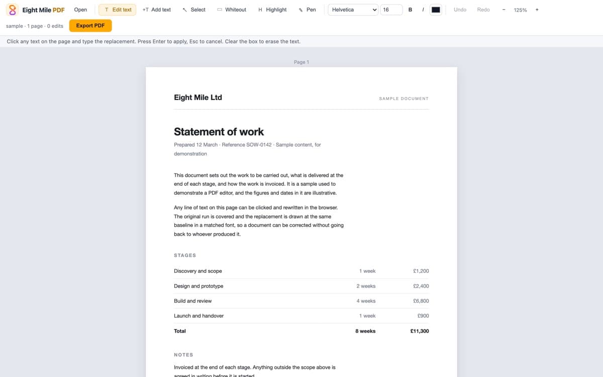 The home page of pdf-editor.eightmile.co.uk