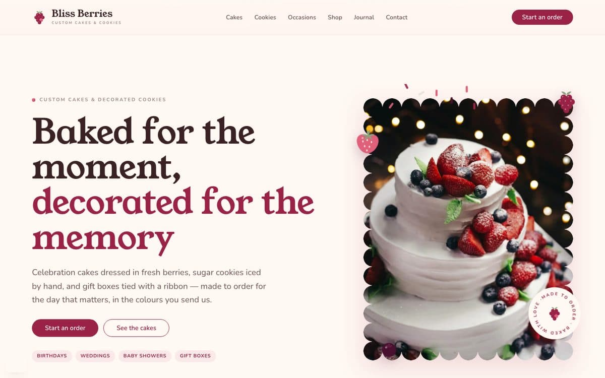 The home page of blissberries.co.uk